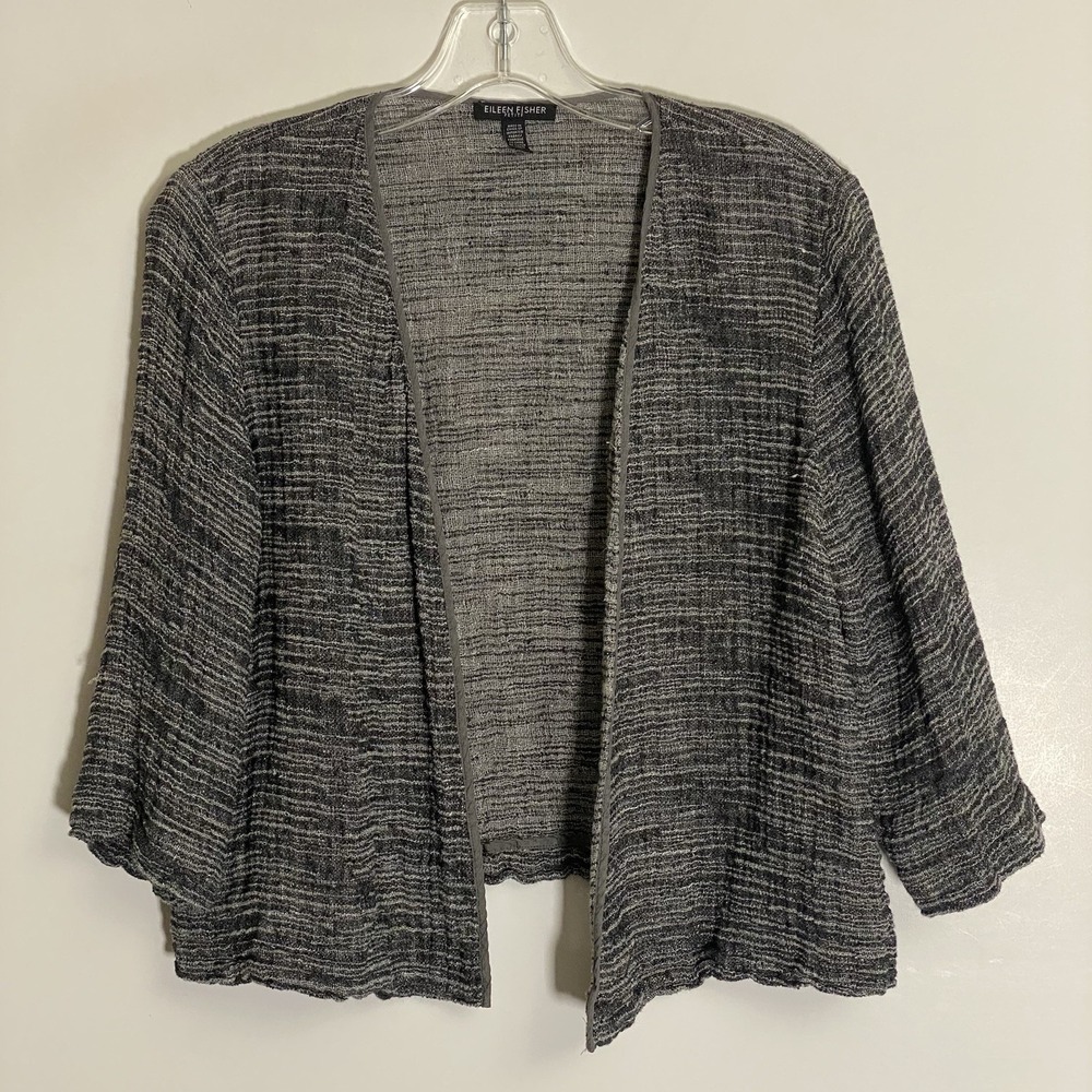 Eileeen Fisher Cardigan Womens Petite Medium Gray Linen Open Front Classy Modern